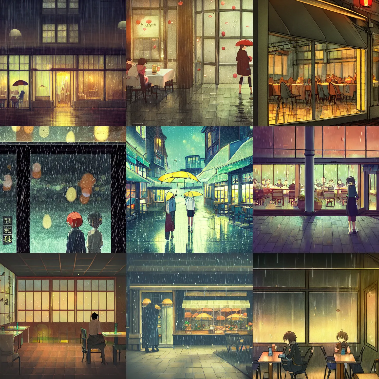 Beautiful pixel art of a cyberpunk coffeeshop in the rain