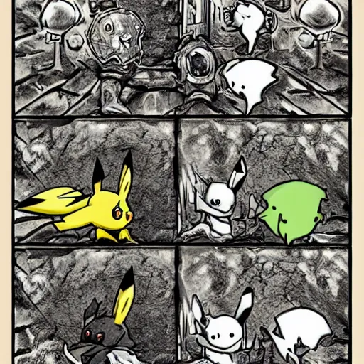 Prompt: Pikachu as a dark souls boss art by Bernard Krigstein's