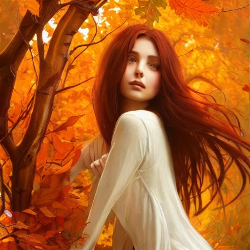 Prompt: a girl with super long hair, hair becoming autumn red leaves, intricate, digital painting, artstation, concept art, smooth, sharp focus, illustration, 8 k, art by artgerm and greg rutkowski and alphonse mucha