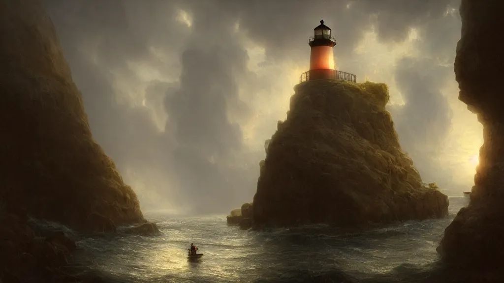 Image similar to lighthouse in the cave, andreas achenbach, artgerm, mikko lagerstedt, zack snyder, tokujin yoshioka