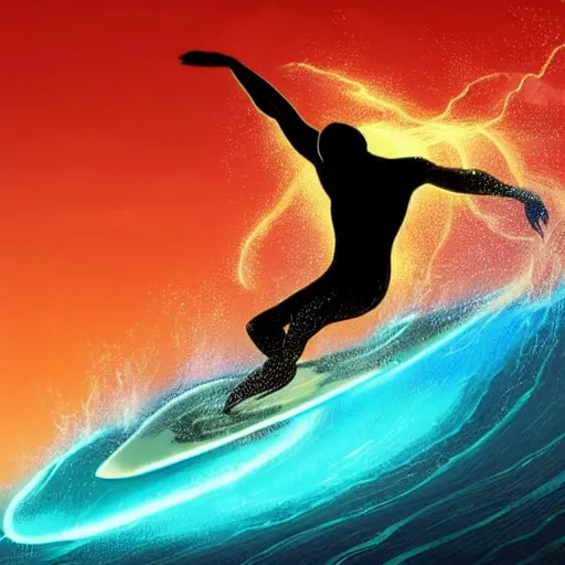 Prompt: a wide angle dynamic action photo of the silhouette!! of a black man with dreadlocks surfing an ( opal barrel wave ), neon lightning storm, by clark little and rhads in a surreal style, neon rim lighting, concept art by artgerm, ( wave porn ), highly detailed, infinite intricacy fractal, retrowave sunset, bokeh!