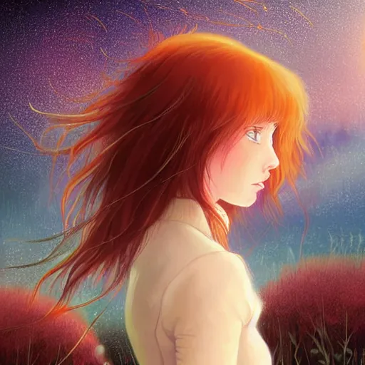 Prompt: sharp, intricate fine details, breathtaking, digital art portrait of a red haired girl with long hair and green eyes softly smiling in a dreamy, mesmerizing scenery with fireflies, art by studio ghibli