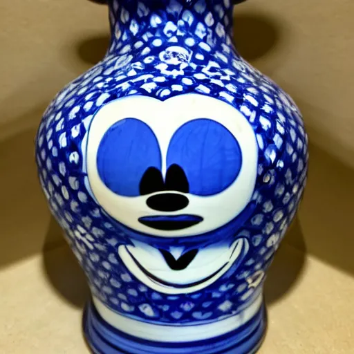 Image similar to a delft blue vase with a happy mickey mouse depicted on it ; extremely detailed