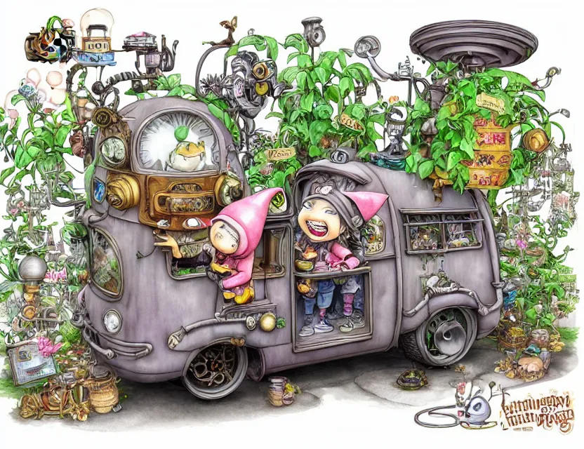 Prompt: cute and funny, a garden gnome driving a steampunk bus, ratfink style by ed roth, centered award winning watercolor pen illustration, isometric illustration by chihiro iwasaki, edited by range murata, tiny details by artgerm and watercolor girl, sharply focused