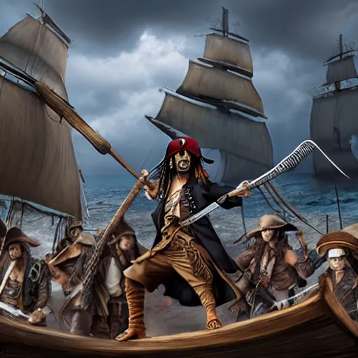 Image similar to the strawhat pirates facing off against jack sparrow, 4 k, matte painting