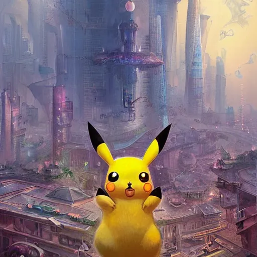 Prompt: 3 d, hyperrealism art glamorous sci - fi poster, a panoramic view of shanghai full of pikachu, beautiful whimsical botanical illustration, by android jones and greg rutkowski, digital matte painting, ghibli style, golden ratio