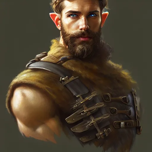 Image similar to Portrait of rugged male ranger, elf, D&D, amber eyes, muscular, fantasy, intricate, elegant, highly detailed, digital painting, artstation, concept art, smooth, sharp focus, illustration, art by artgerm and greg rutkowski and alphonse mucha