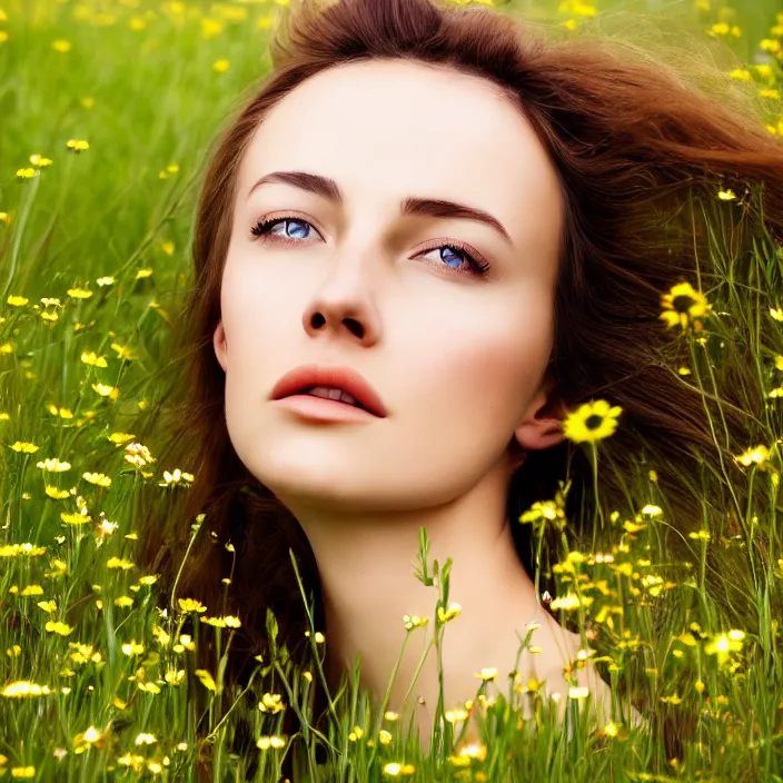 Image similar to photo of a very beautiful!! woman in an endless heavenly meadow, close up, 8 k, hdr, smooth, sharp focus, high resolution, award - winning photo, trending on artstation, dslr, 5 0 mm