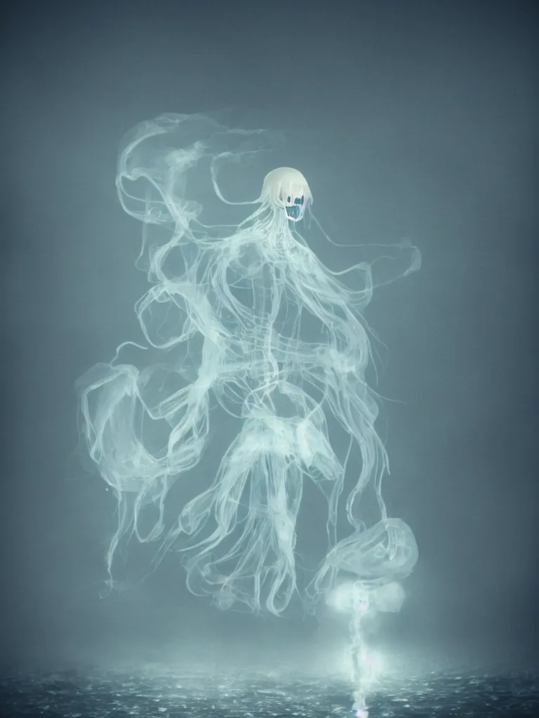 Prompt: cute fumo plush beautiful ectoplasmic gothic skeletal jellyfish ghost girl, glowing milky wisps of hazy smoke and volumetric fog on a stormy reflective river in the rain, lens flare, subsurface scattering, vignette, asymmetry, bokeh, refraction, vray