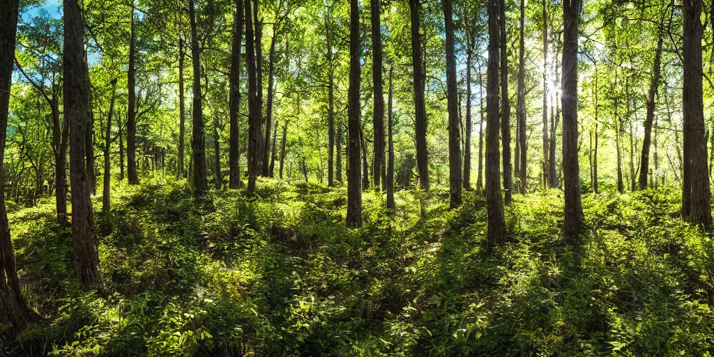 Prompt: A beautiful detailed photo of the inside deep forest with high trees and bilberries, light sieving through the trees, dynamic lighting, 35 mm, low angle view