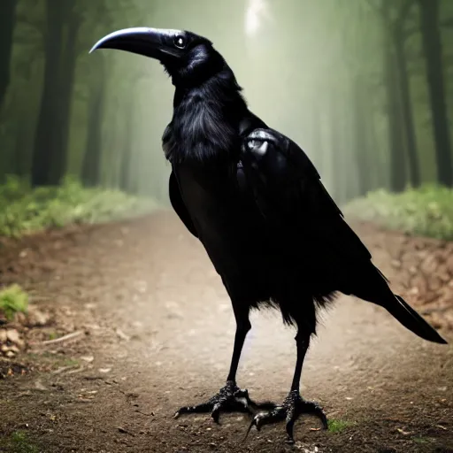 Image similar to werecreature consisting of a crow and a human, werecrow, photograph captured in a dark forest