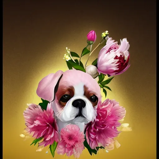 Image similar to Fu dog with peonies, digital art, 8k, trending on artstation