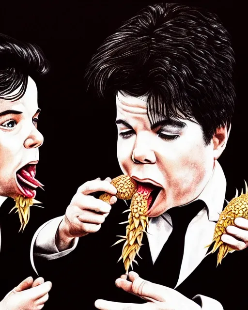 Prompt: Michael Mcintyre & white Michael Jackson eating pineapples in a nightclub,real life skin, intricate, elegant, highly detailed, artstation, concept art, smooth, sharp focus, photo