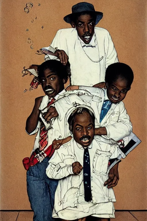 Prompt: Outkast, illustrated in whimsical style, Illustration by Norman Rockwell,