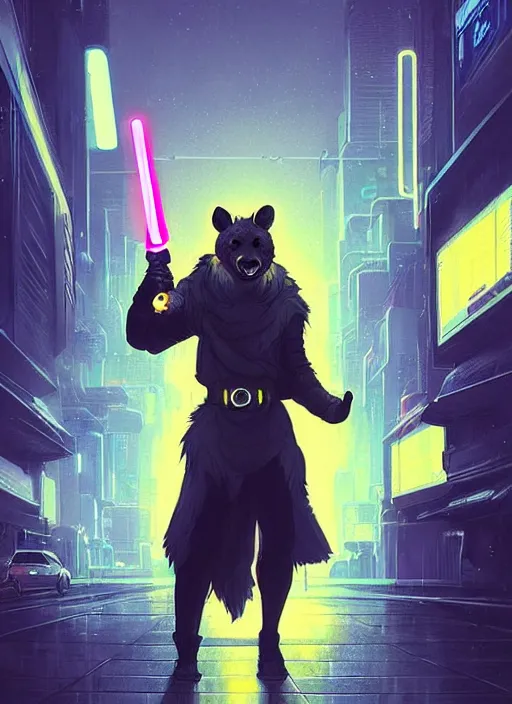 Prompt: beautiful portrait commission of a male furry anthro hyena fursona wearing jedi robes and wielding a yellow lightsaber in his left hand. Cyberpunk city at night in the rain. Neon light. Atmospheric. Character design by charlie bowater, ross tran, artgerm, and makoto shinkai, detailed, inked, western comic book art