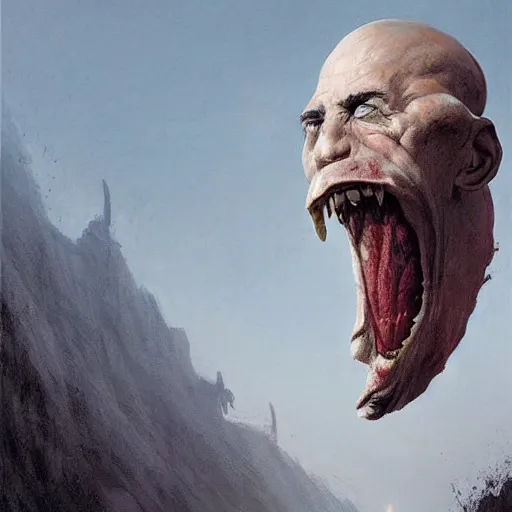 Image similar to A beautiful conceptual art of a giant head. The head is bald and has a big nose. The eyes are wide open and have a crazy look. The mouth is open and has sharp teeth. The neck is long and thin. by Greg Rutkowski, by Francesco Borromini playful