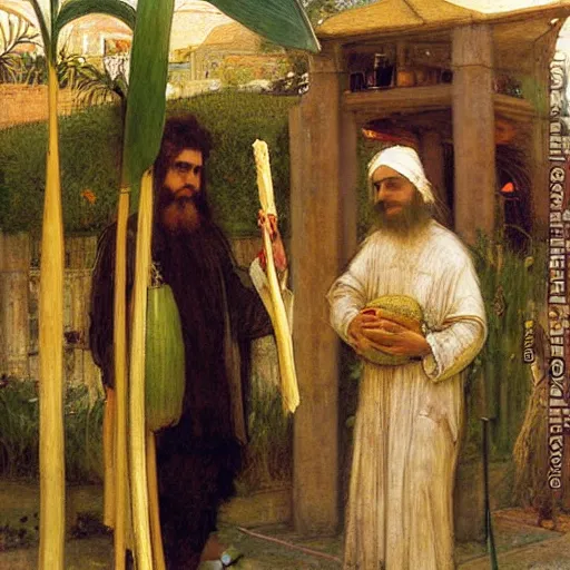 Prompt: father and son hold a lulav and citron in a sukkah, golden hour, painting by john william waterhouse, highly detailed