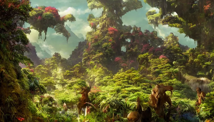 Image similar to craig mullins and ghibli digital illustration of the beastlands, avatar ( 2 0 0 9 ), lush landscape, jungle landscape, colorful, flowers unreal engine, hyper realism, realistic shading, cinematic composition, realistic render, octane render, detailed textures, photorealistic, wide shot,