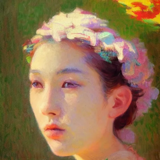 Prompt: Monet portrait painting of a beautiful girl, medium shot, asymmetrical, profile picture, Organic Painting, sunny day, Matte Painting, bold shapes, hard edges, street art, trending on artstation, by Huang Guangjian and Gil Elvgren and Sachin Teng