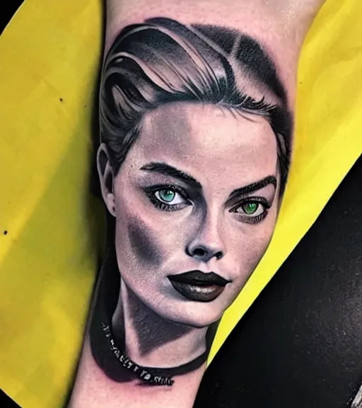 Image similar to mash up tattoo sketch of margot robbie with beautiful mountain scenery, in the style of arlo dicristina, hyper realism, amazing detail, sharp