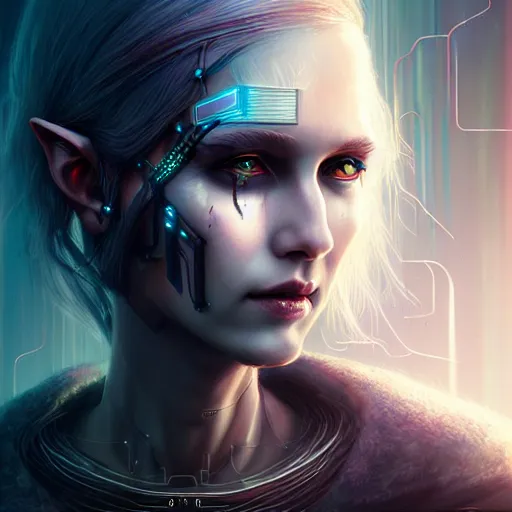 Prompt: cyberpunk robotic dark elvish queen, diadem on the head, black tears, extremely detailed, hyperrealistic, intricate, soft light, fantasy, digital painting, art station, perfect faces, fine details, by wlop