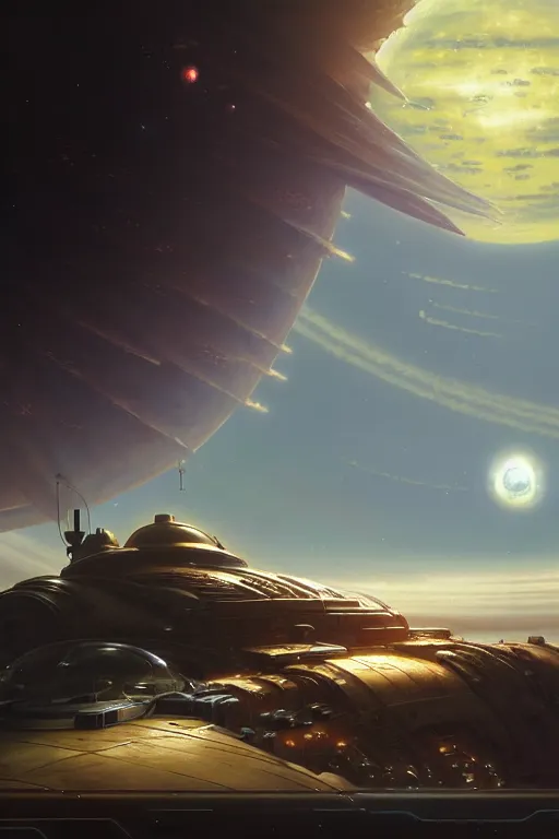 Prompt: steampunk spaceship infront of a planet, exquisite details, denoised, mid view, by karl kopinski, artsation, greg rutkowski, makoto shinkai, takashi takeuchi, studio ghibli