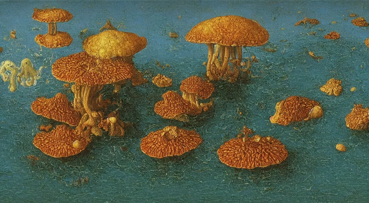 Prompt: a single fungus growing in water! in the middle of the empty ocean, a high contrast!! ultradetailed photorealistic painting by jan van eyck, audubon, rene magritte, agnes pelton, max ernst, walton ford, andreas achenbach, ernst haeckel, hard lighting, masterpiece