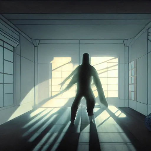 Prompt: digital painting of a ninja in a room made of baloons , concept art, by Ralph mcquarrie, sunlight pouring through window, huge scale, high detail, futuristic, godrays, volumetric lighting, warm lighting