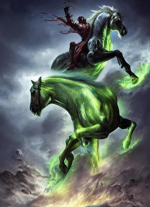 Image similar to the singular horseman of the apocalypse is riding a strong fierce ferocious rabid undead green stallion, horse is up on its hind legs, the strong male rider is death with a scithe, beautiful artwork by artgerm and rutkowski, breathtaking, beautifully lit, dramatic