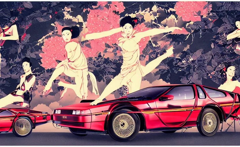 Prompt: a red delorean, tiger stripe backdrop, art by hsiao - ron cheng and utagawa kunisada, magazine collage, # e 4 e 6 2 0, # de 9 5 f 0