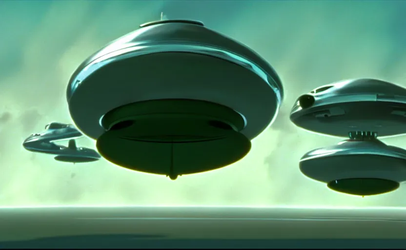 Image similar to a cell - shaded cartoon movie still from independence day ( 1 9 9 6 ) of a chrome ufo. very dull muted colors, hd, 4 k, hq