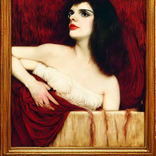 Image similar to portrait of a hybrid of judy garland and lady gaga with marfan syndrome, with a brown fringe, holman hunt, john william waterhouse, kilian eng, rosetti, john everett millais, william holman hunt, 4 k