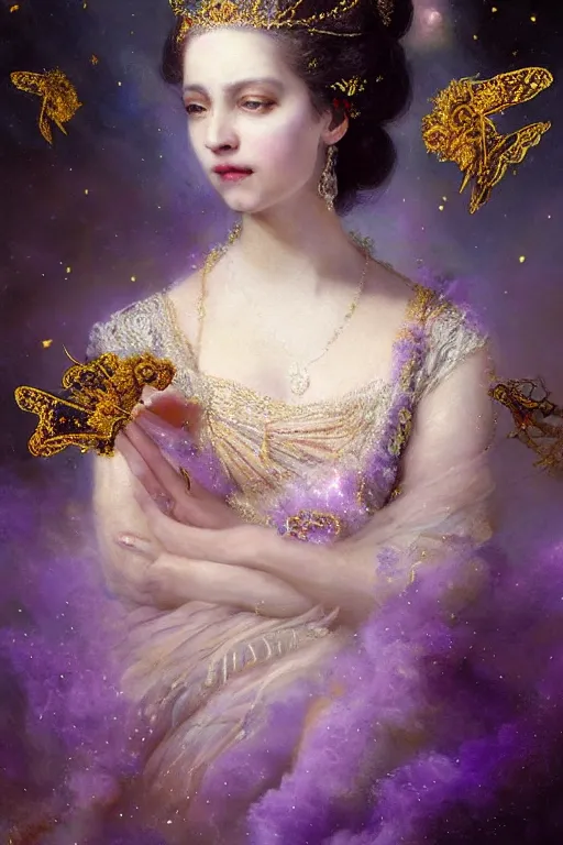 Prompt: breathtaking detailed soft painting of the night queen of mozart with a golden headpiece, amethyst crown, gauze dress draped of fireflies and constellations and nebulae in the background, rembrandt style, elegant, highly detailed, artstation, concept art, matte, sharp focus, art by tom bagshaw, seb mckinnon and greg rutkowski