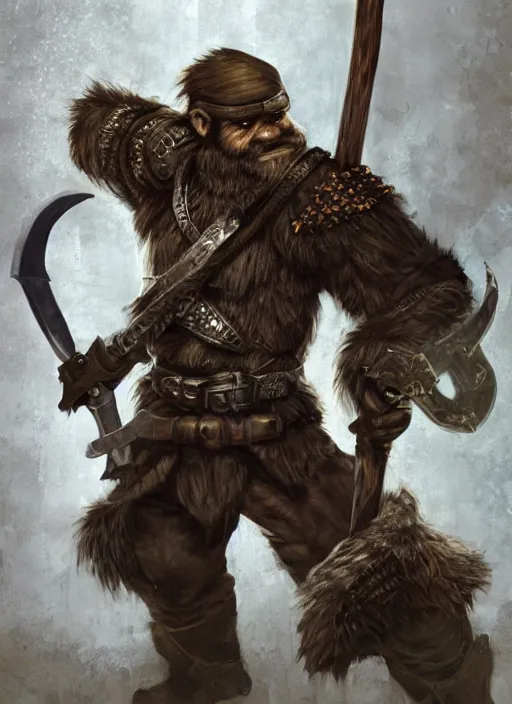 Image similar to strong young man, photorealistic bugbear ranger holding aflaming sword, black beard, dungeons and dragons, pathfinder, roleplaying game art, hunters gear, jeweled ornate leather and steel armour, concept art, character design on white background, by alan lee, norman rockwell, makoto shinkai, kim jung giu, poster art, game art