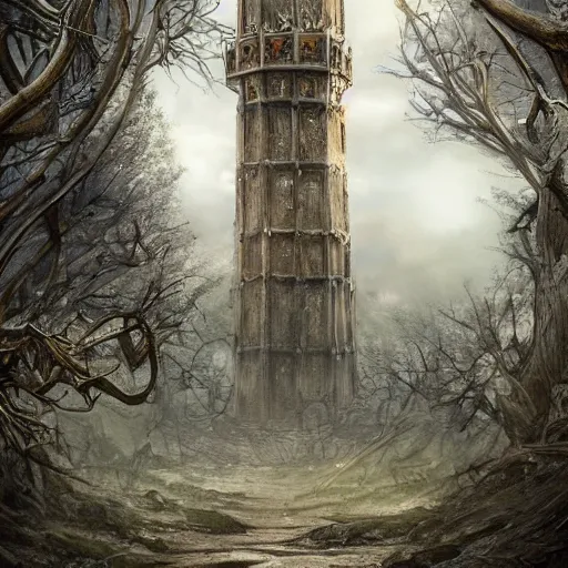 Prompt: an archaic tower looming over a grove of ancient trees, in the style of ayami kojima, realistic digital painting, medieval fantasy, very detailed