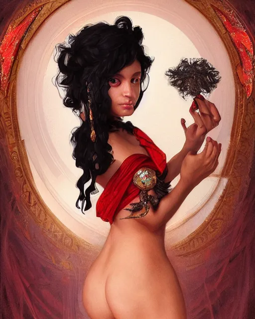 Image similar to Portrait of a black haired Goddess, holds a spark of all creation in her hands, a tiny red dragonlet, intricate dress, wide angle, intricate, elegant, overdetailed, professional digital painting, artstation, concept art, smooth, sharp focus, 8K, art by artgerm and greg rutkowski and alphonse mucha and loish and WLOP