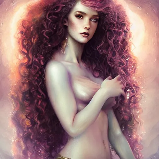 Image similar to beautiful mermaid with curly hair, magical details, magical atmosphere, digital art, concept art, devianart, cinematic lighting, hyper - detailed, cgsociety, 3 - d 8 k, high resolution, in the style of charlie bowater, tom bagshaw, alexis franklin, elena masci, pawel rebisz