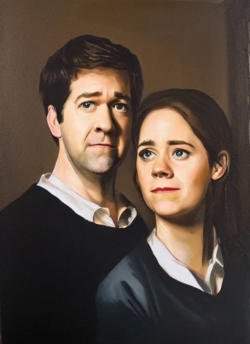 Image similar to portrait painting of jim halpert and pam beesly, dark background, in the style of caravaggio