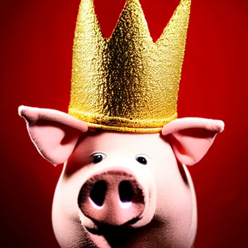 Image similar to !dream studio photograph of a pig wearing a gold crown depicted as a muppet running on fire