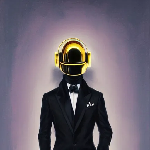 Prompt: painting Daft Punk in long black coat, elegant, intricate, highly detailed, digital painting, artstation, concept art, sharp focus, illustration, art by artgerm and greg rutkowski and alphonse mucha
