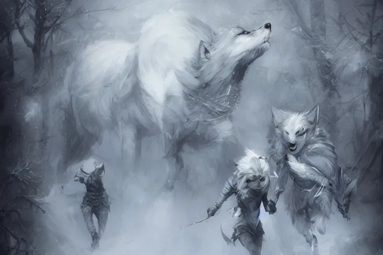 Image similar to white wolves running in white snow painted by Bastien Lecouffe-Deharme and Cedric Peyravernay, trending on artstation, Frank Frazetta, 4k, 8k, HD