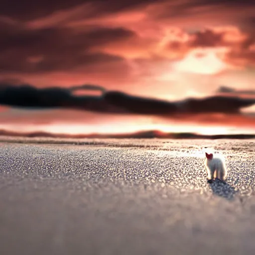 Prompt: a closeup photorealistic photograph of japanese spitz on the beach at sunset. this 4 k hd image is trending on artstation, featured on behance, well - rendered, extra crisp, features intricate detail and the style of unreal engine. golden hour