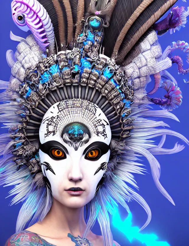 Image similar to 3 d photo realistic goddess close - up profile portrait punk with mohawk with ram skull. beautiful intricately detailed japanese crow kitsune mask and clasical japanese kimono. betta fish, jellyfish phoenix, bio luminescent, plasma, ice, water, wind, creature, artwork by tooth wu and wlop and beeple and greg rutkowski