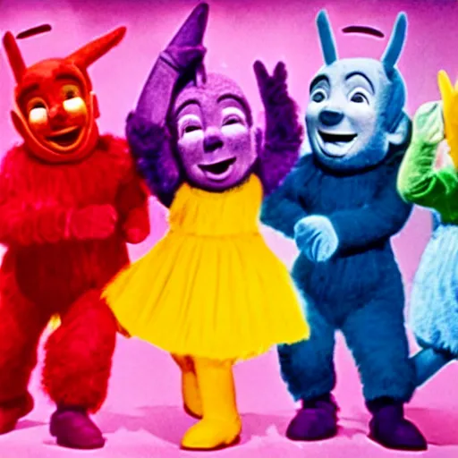 Prompt: A musical comedy in technicolor with Gene Kelly featuring the Teletubbies