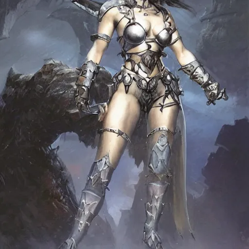 Image similar to A full portrait of a beautiful armored berserker woman, with an oversize Gothic sword, by Frank Frazetta, Greg Rutkowski, Boris Vallejo, epic fantasy art, Exquisite detail, post-processing, masterpiece, cinematic