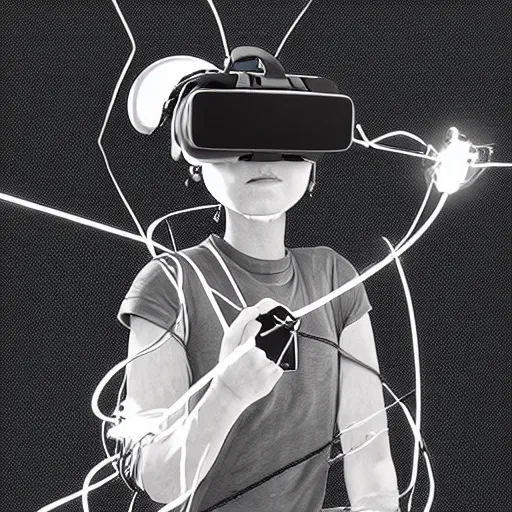 Image similar to rpg character concept art, modular synth musician patching cables, wires flying in the air, wearing a bespoke vr headset designed by demobaza, in the style of jamie hewlett hiroya oku riyoko ikeda, 3 d render, artstation trending, 8 k, octane render, photorealistic, sharp detail, manga, black and white