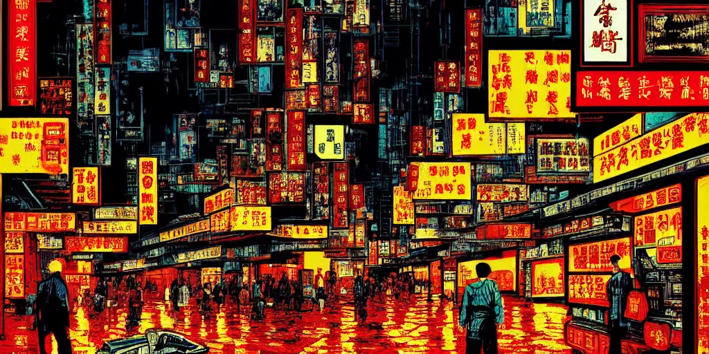 Image similar to artwork of wong kar - wai's hong kong street, by dan mumford and toshi yoshida and peter doig, vintage scifi, highly detailed, dramatic lighting, 8 k