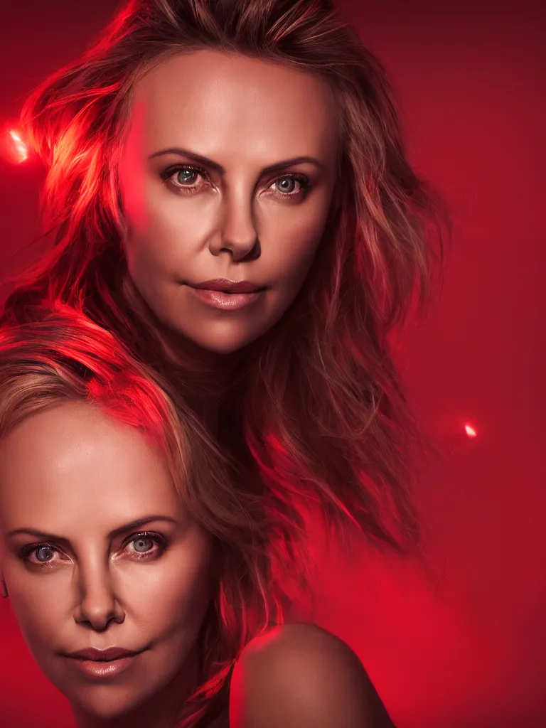 Prompt: hyper realistic portrait of Charlize Theron illuminated by red light , night , 85 mm f1.4 ,