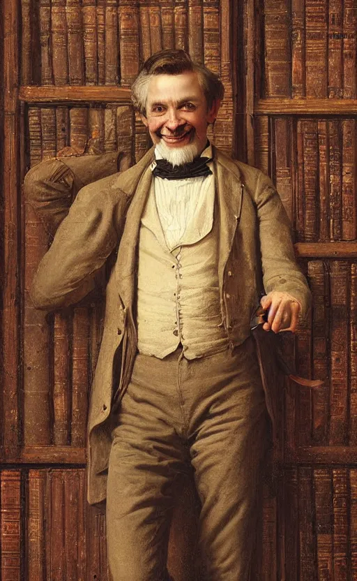 Prompt: official portrait of a happy victorian gentleman in front of a bookcase, male, cheerful, detailed face, 19th century, highly detailed, cinematic lighting, digital art painting by greg rutkowski