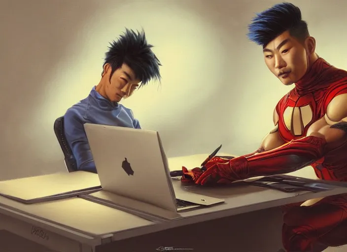 Image similar to an insanely detailed and realistic painting of an asian man wearing a homemade superhero costume, sitting at a desk, staring seriously at the computer and typing, in the style of peter mohrbacher, james jean, artgerm, dramatic lighting and composition, surreal background, octane render, pixar, trending on artstation, concept art, comic book, 8 k